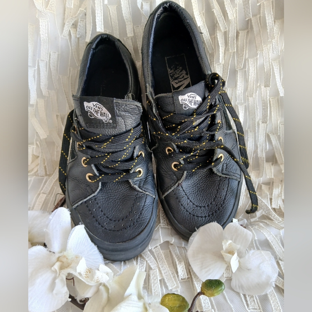 Vans Black Leather Sneakers with Gold Accents